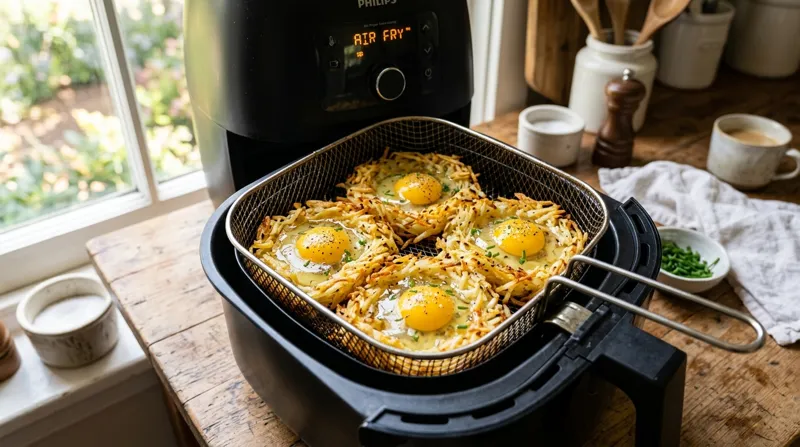 Air fryer basket with hash browns and eggs