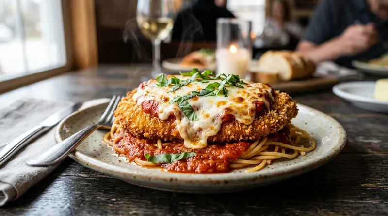 Crispy chicken parmesan topped with melted mozzarella and basil