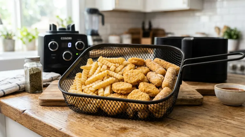 Air fryer basket of nuggets and fries in a kitchen